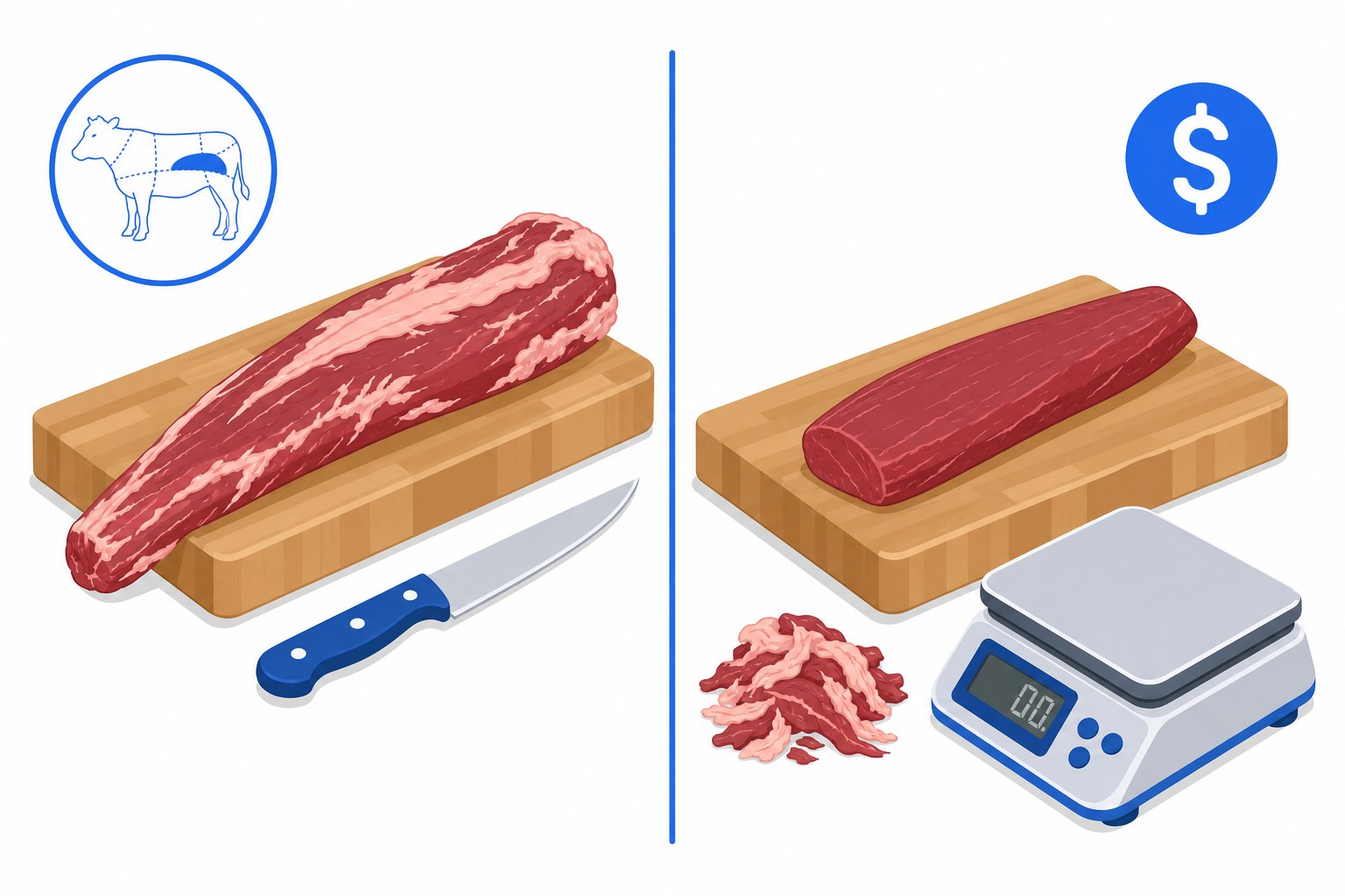 Illustration of a whole cut of meat shrinking through two stages, trim and cooking, with the shrinking weight and rising cost per kilogram shown at each stage