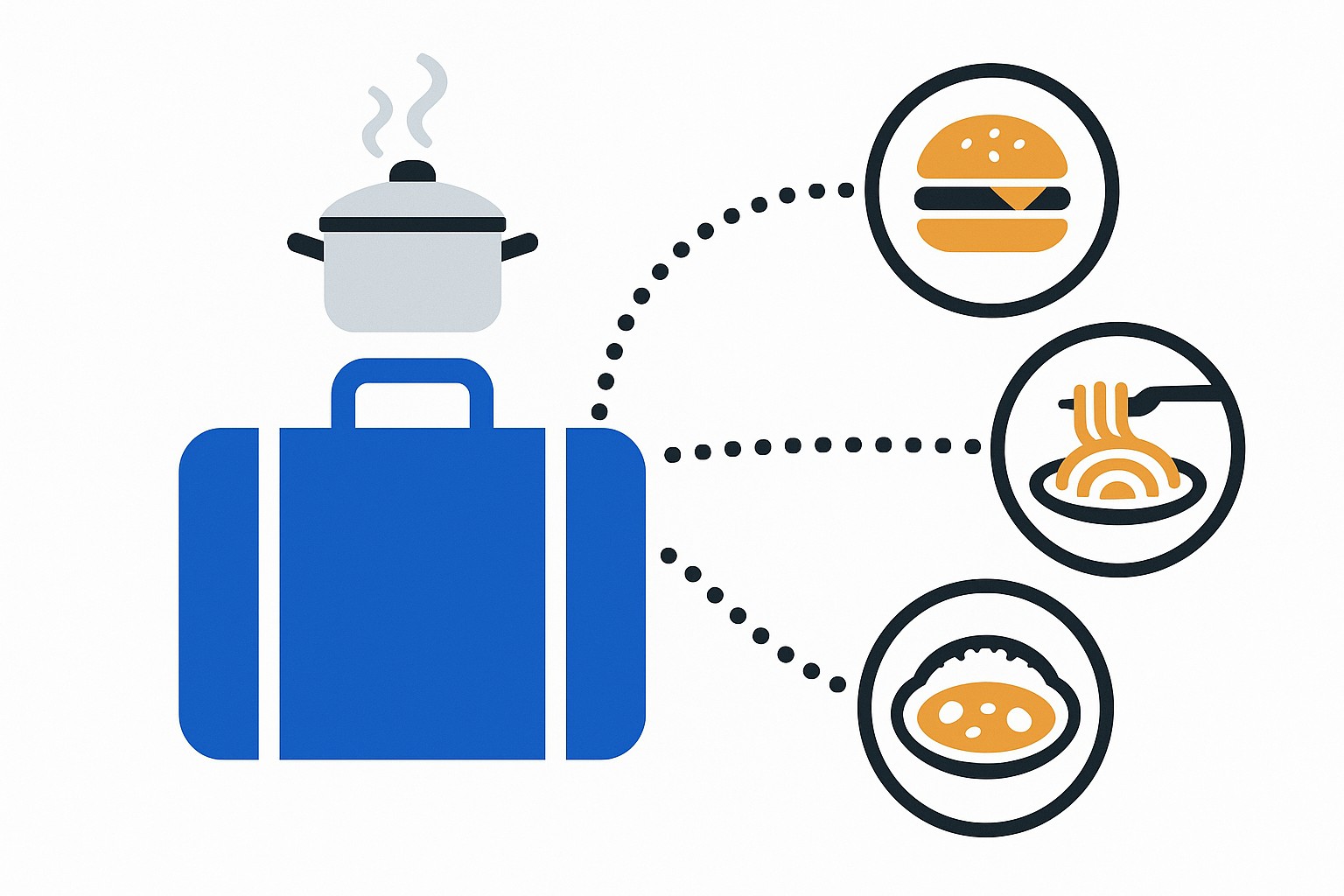 Illustration of a small suitcase with a cooking pot and a wooden spoon beside it