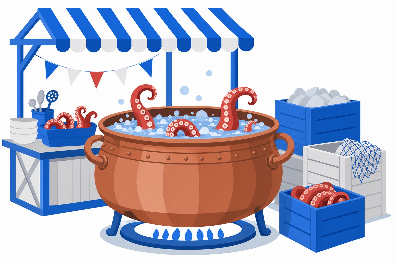 Ein großer Kupferkessel mit kochendem Oktopus an einem Marktstand unter freiem Himmel