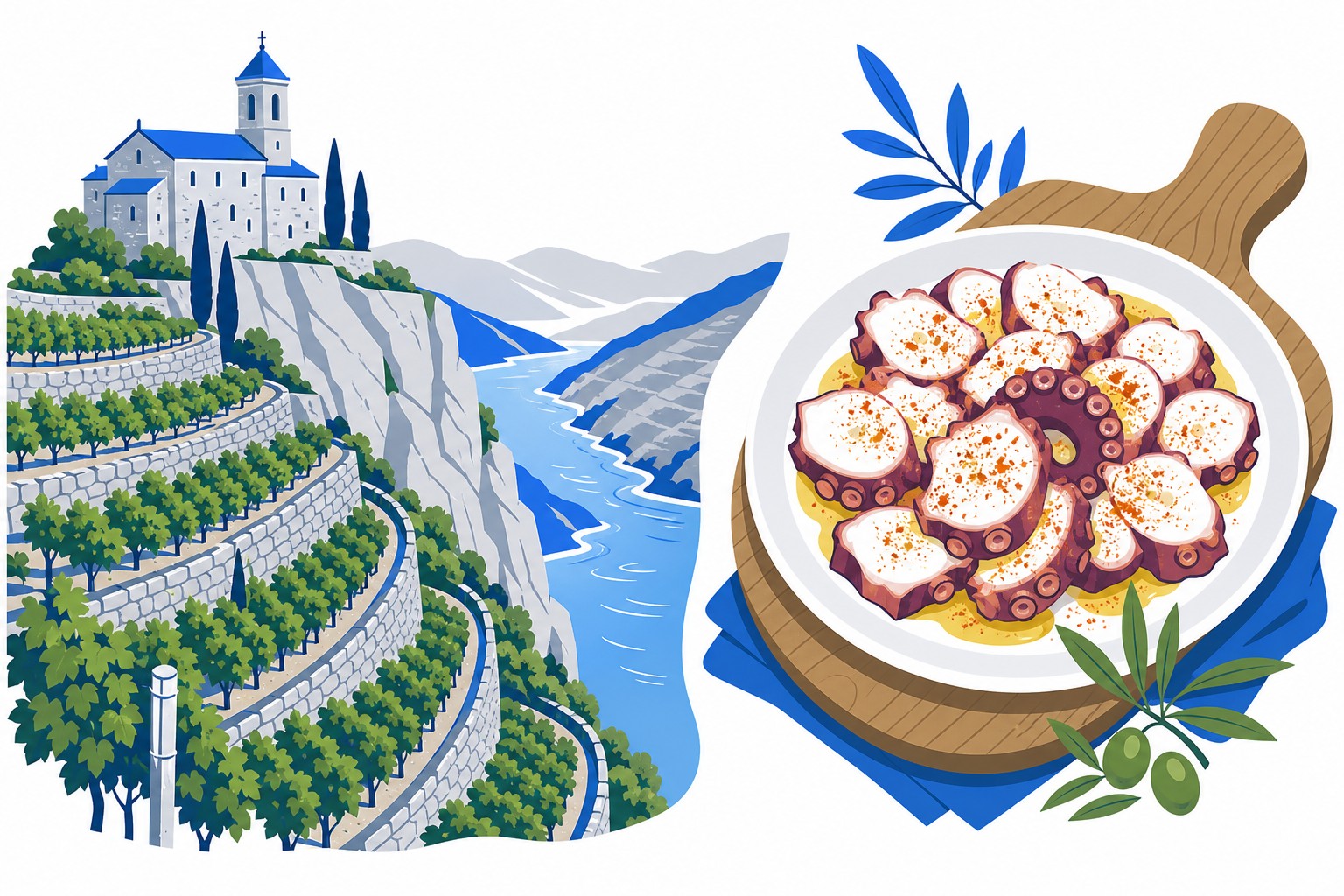 Illustration mit terrassierten Klosterweinbergen an einem Flusscanyon und einem Teller galizischen Oktopus