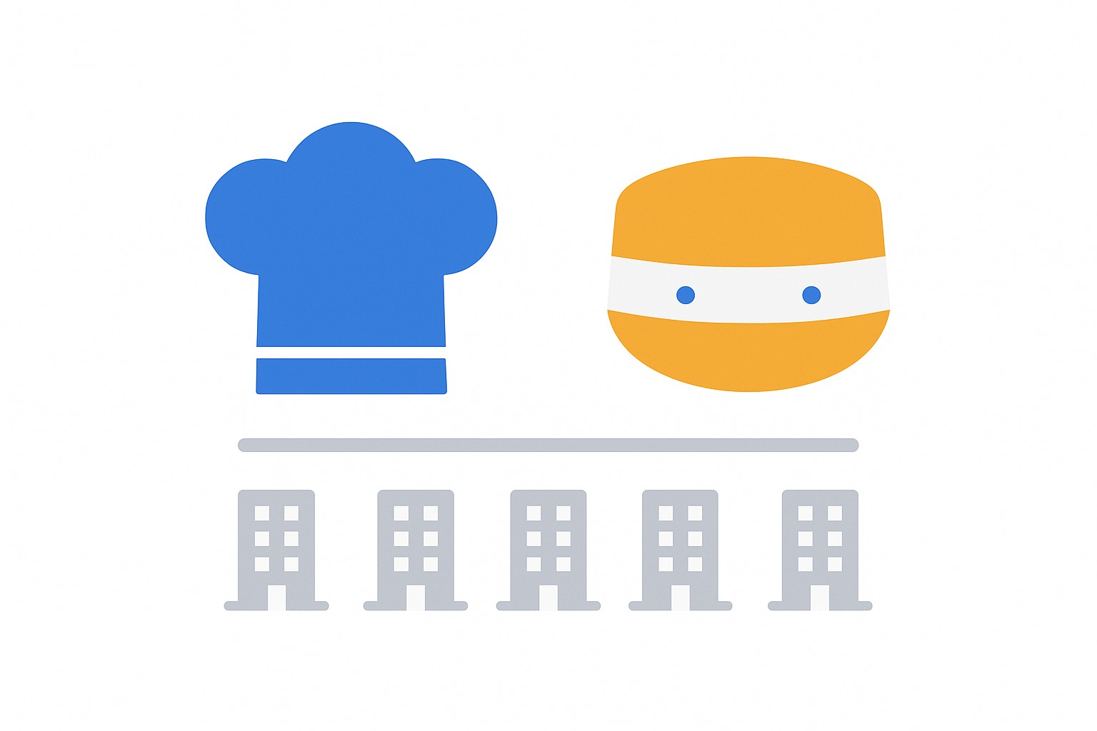 Illustration of a grand hotel facade with a chef's toque and a graduation-style laurel beside it