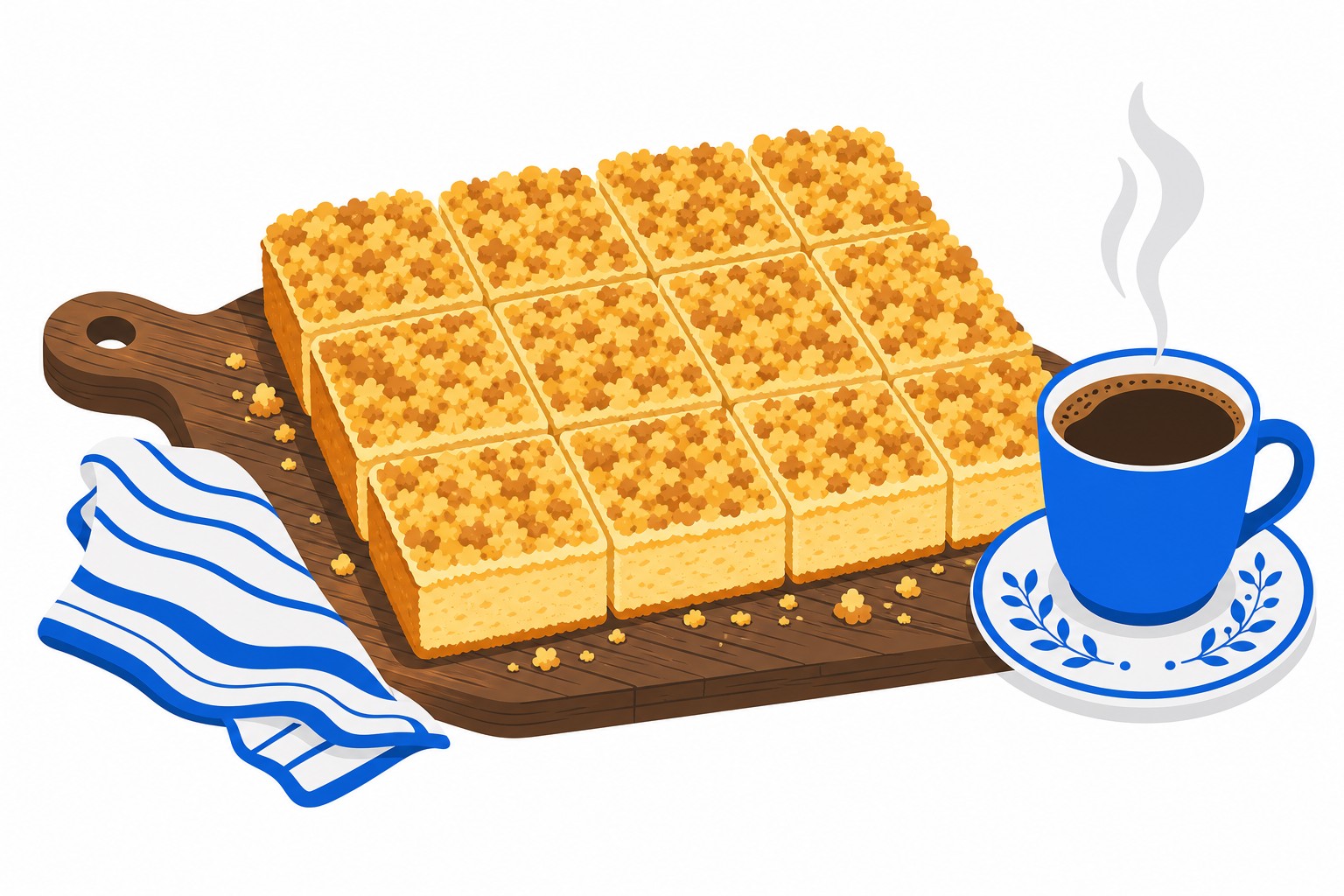 Ilustración de un pastel de masa fermentada con streusel junto a una taza de café, símbolo de la tradición palatina del Kaffee und Kuchen