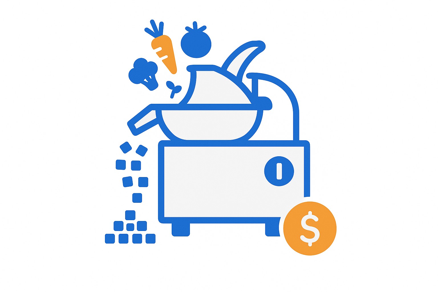 SVG illustration of a professional cutter-mixer beside a digital dashboard showing prep time savings, cost per portion metrics, and yield percentages in a modern commercial kitchen setting