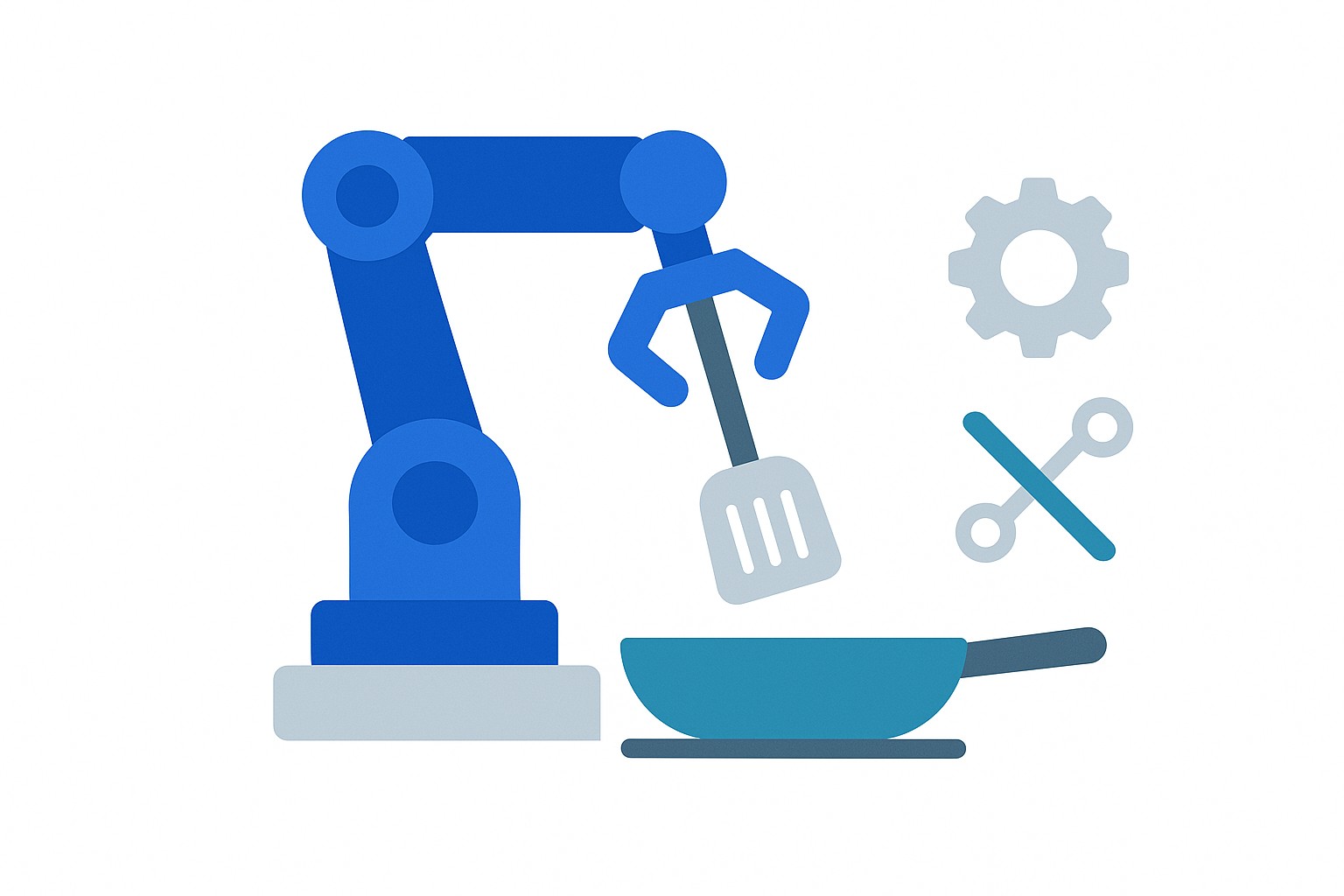 A stylized SVG illustration of a professional kitchen with a robotic arm, a 3D food printer, and an automated wok station alongside a human chef reviewing a tablet