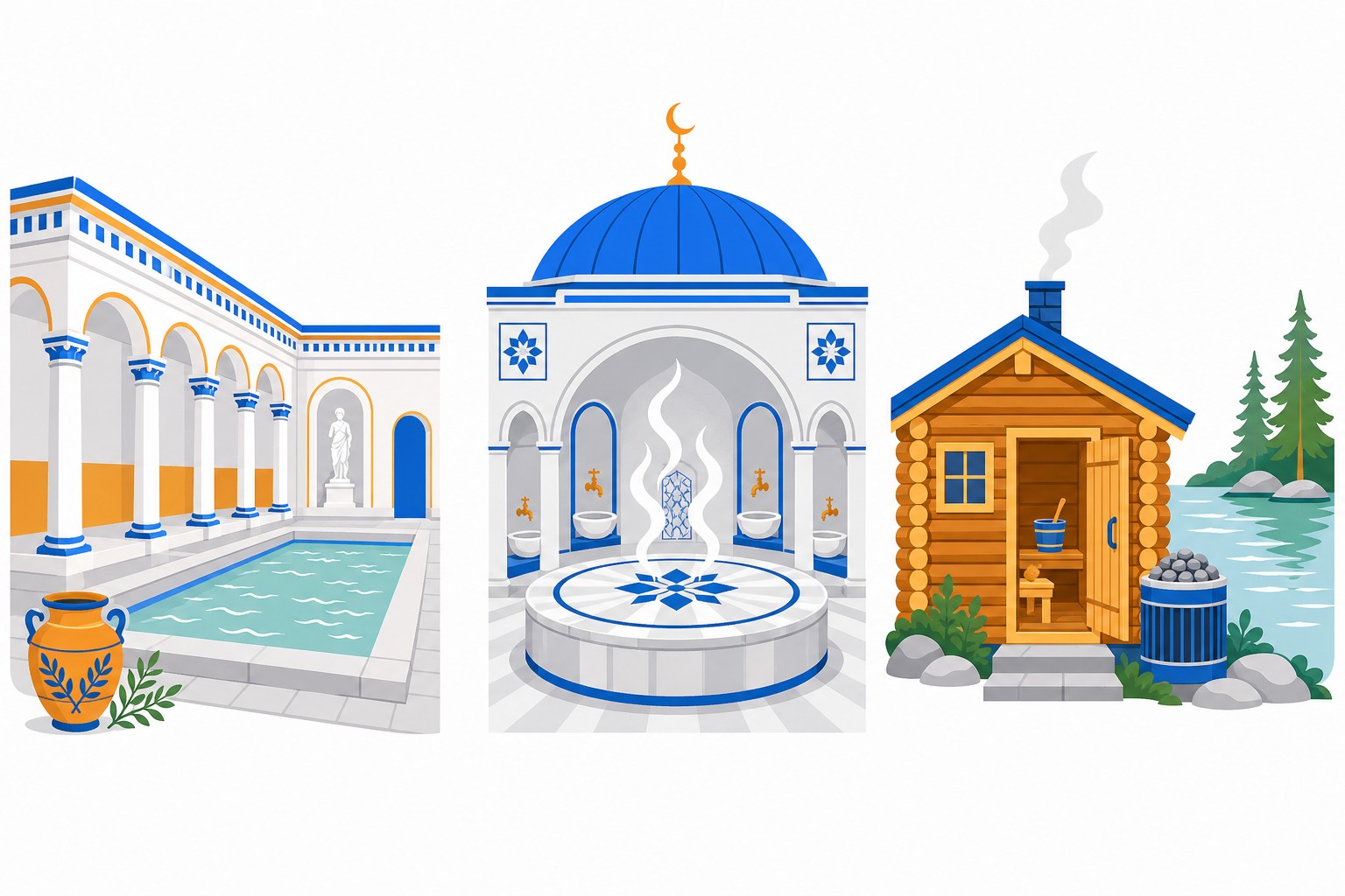 Illustration eines römischen Badegewölbes neben einem dampfenden Saunaofen – Symbol für zwei Badetraditionen mit unterschiedlichen Ursprüngen