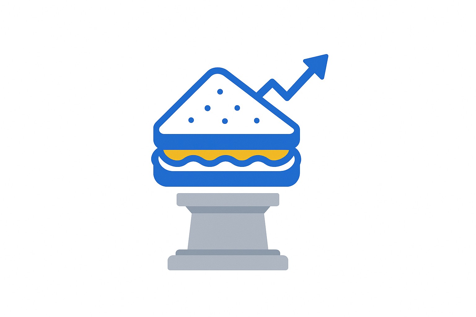 Flat illustration of a sandwich with a rising economic line-chart emerging from between the bread slices, flanked by a coffee cup and a baguette representing two national sandwich indexes