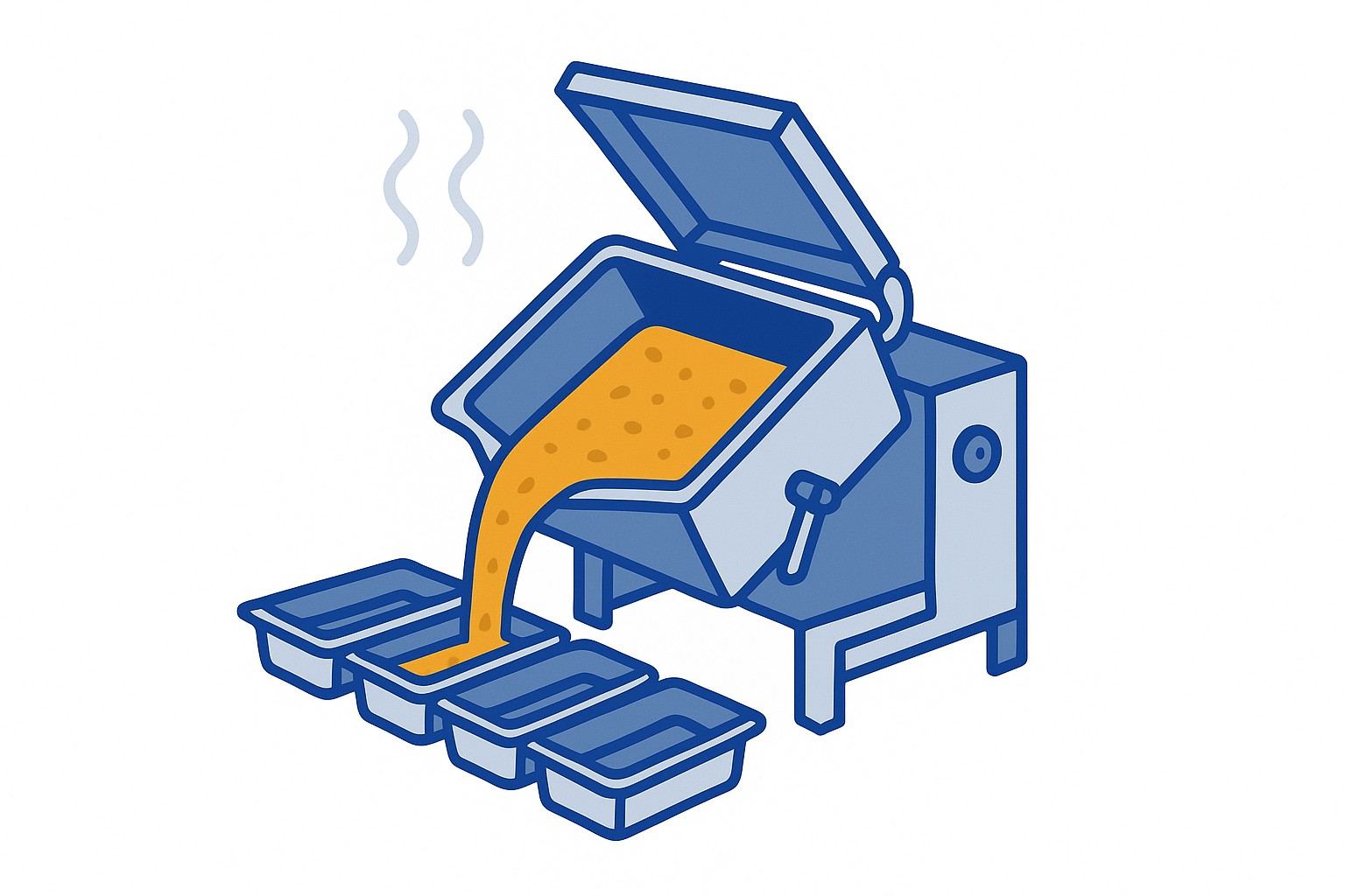Illustration of a large stainless steel tilting braising pan in a professional hospital kitchen, with a chef monitoring a batch cooking process on a digital screen nearby
