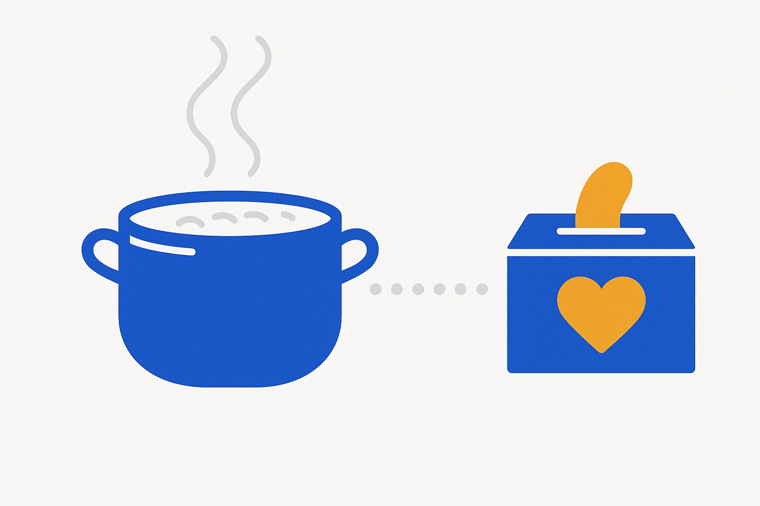 Illustration of a steaming soup ladle over a bowl, next to a small red heart symbol