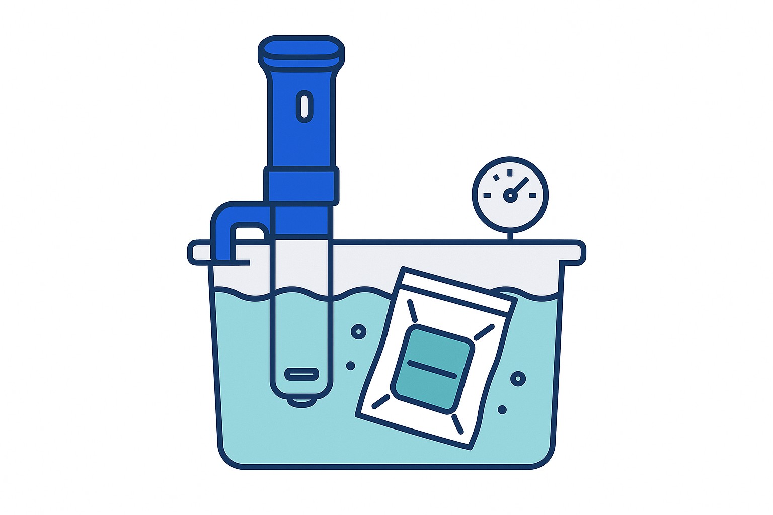Illustration of a vacuum-sealed food pouch submerged in a precisely temperature-controlled water bath, with digital yield percentages and cost data displayed alongside