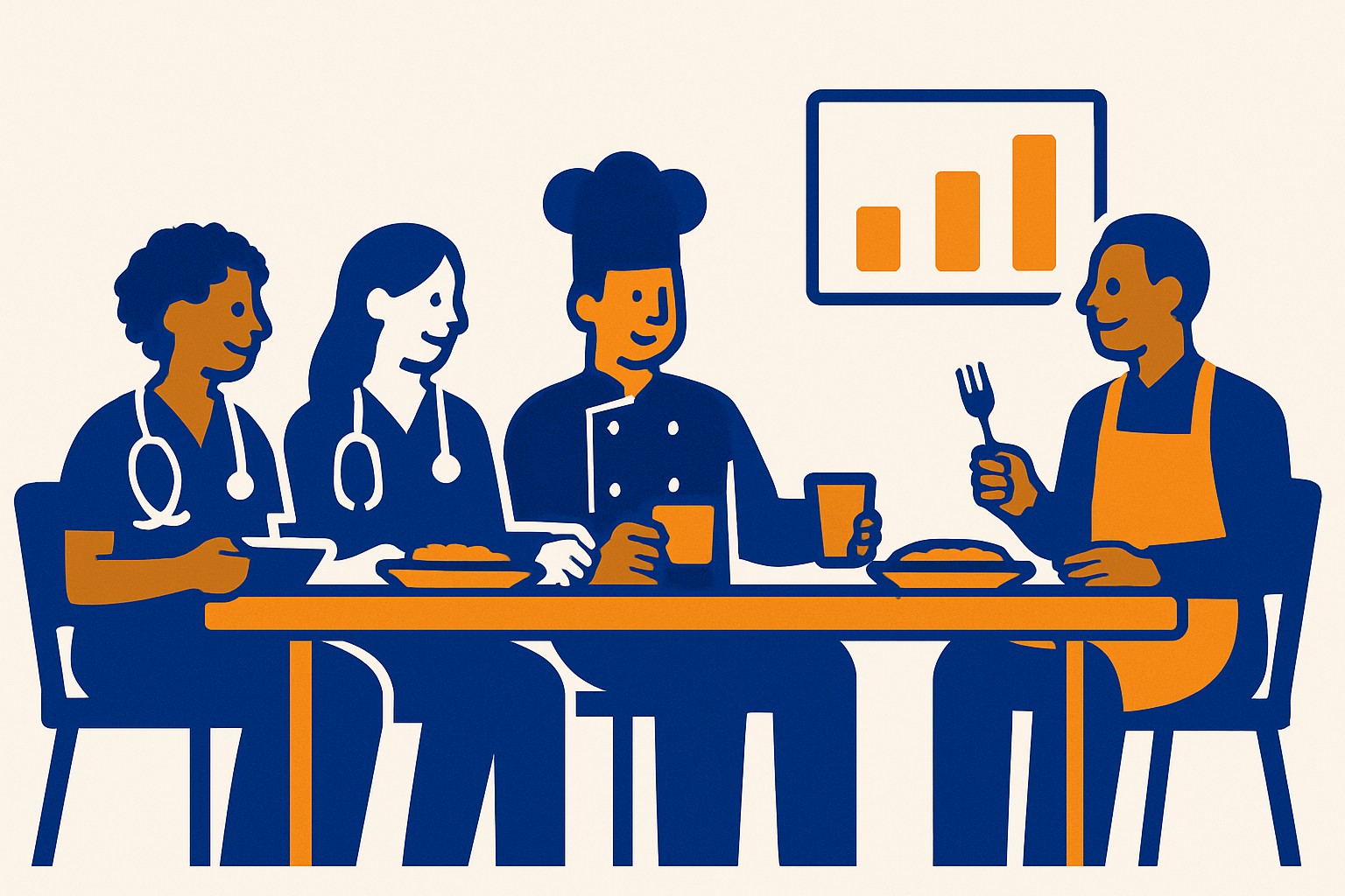 Illustration of a diverse group of healthcare and hospitality staff enjoying a well-organised cafeteria meal, with a digital management dashboard in the background showing meal counts, dietary profiles and cost tracking