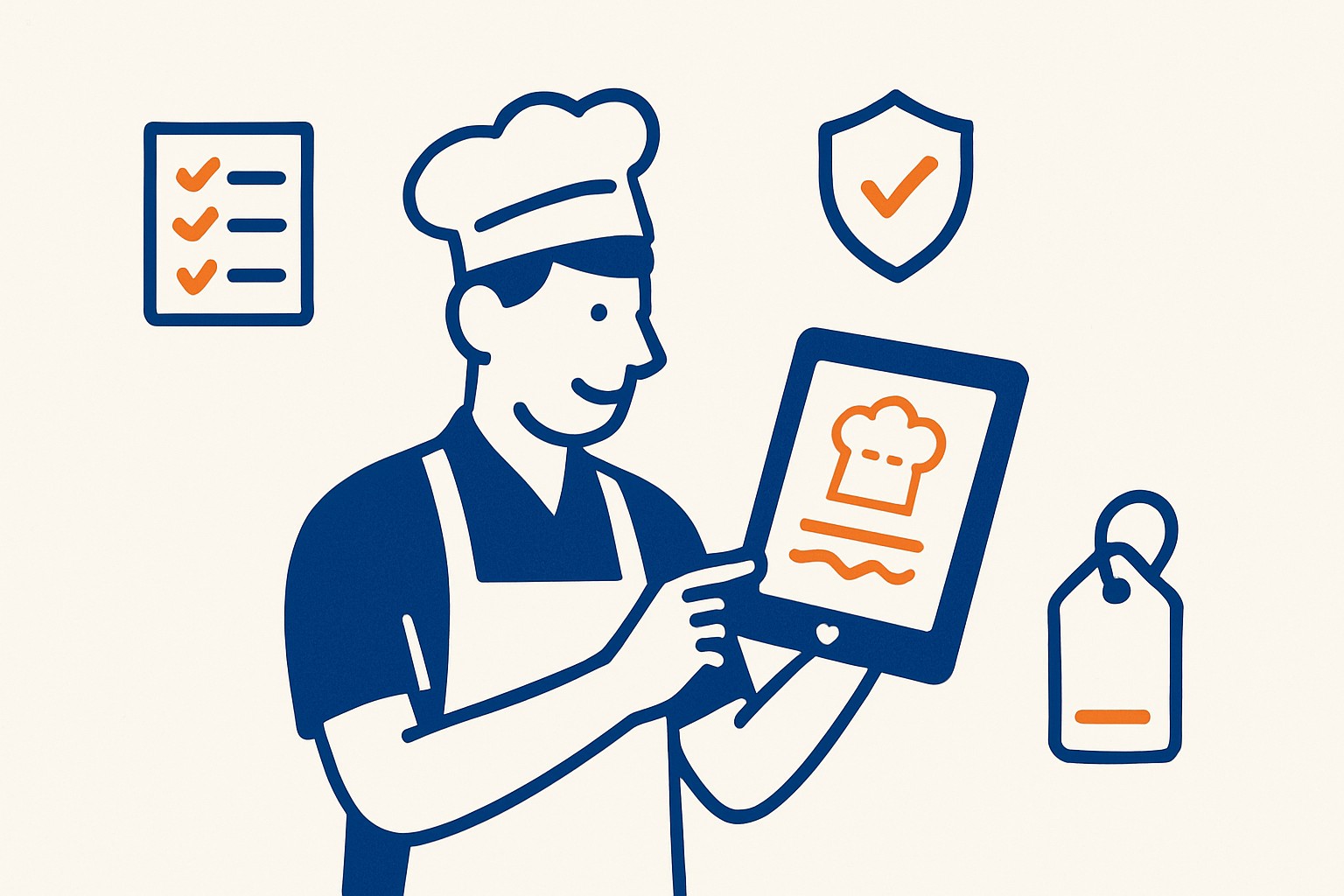 Illustration of a new kitchen employee confidently following a digital recipe on a tablet, surrounded by organized workflow icons representing allergen tracking, HACCP checklists, and label printing in a professional foodservice setting
