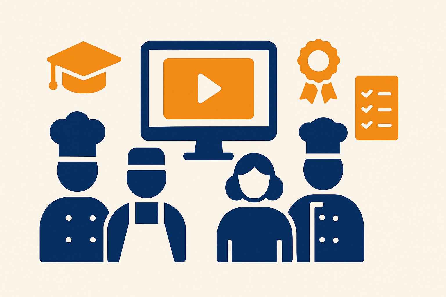 Illustration of a diverse food service team gathered around a digital screen displaying recipe and allergen data, with icons representing training, certification, and compliance checklists