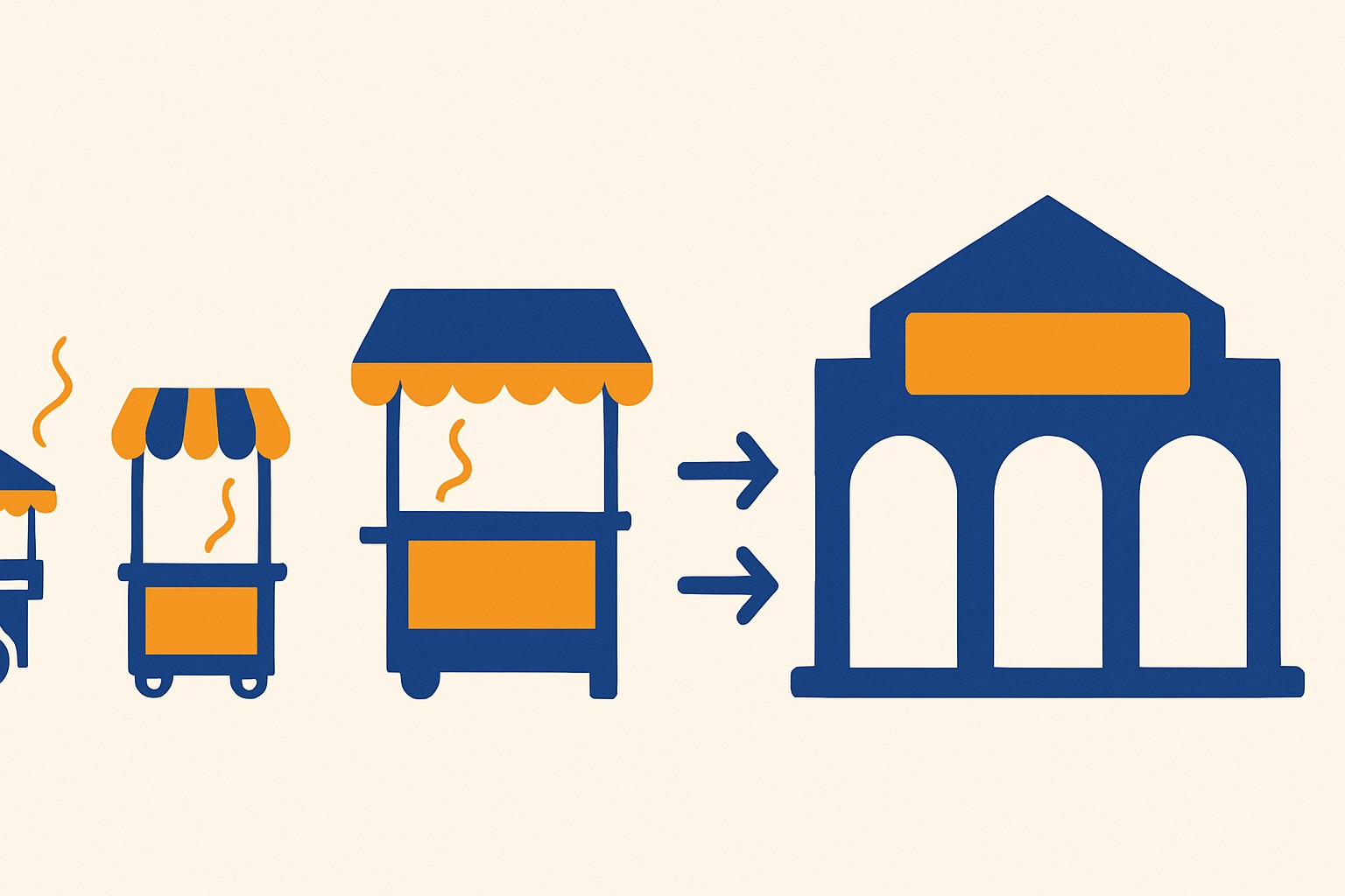 Illustration of several small food stalls with steam rising, arranged along a street