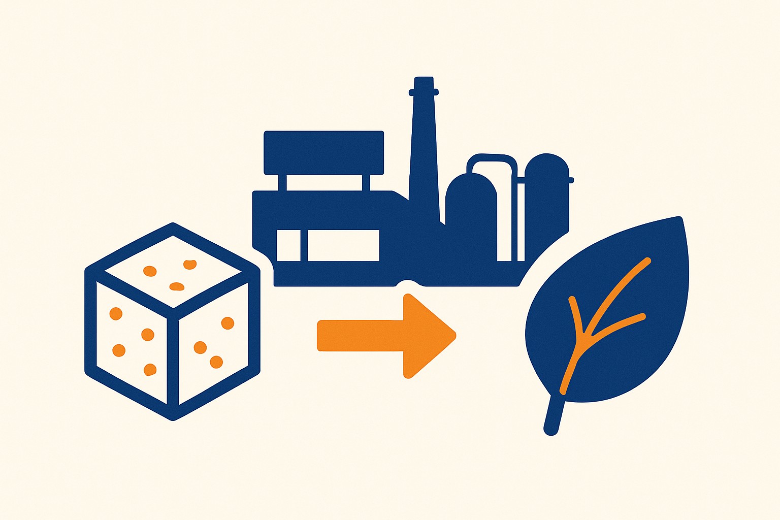 Illustration of a sugar crystal transforming into a healthier ingredient inside a food production facility, with recipe data and compliance charts in the background