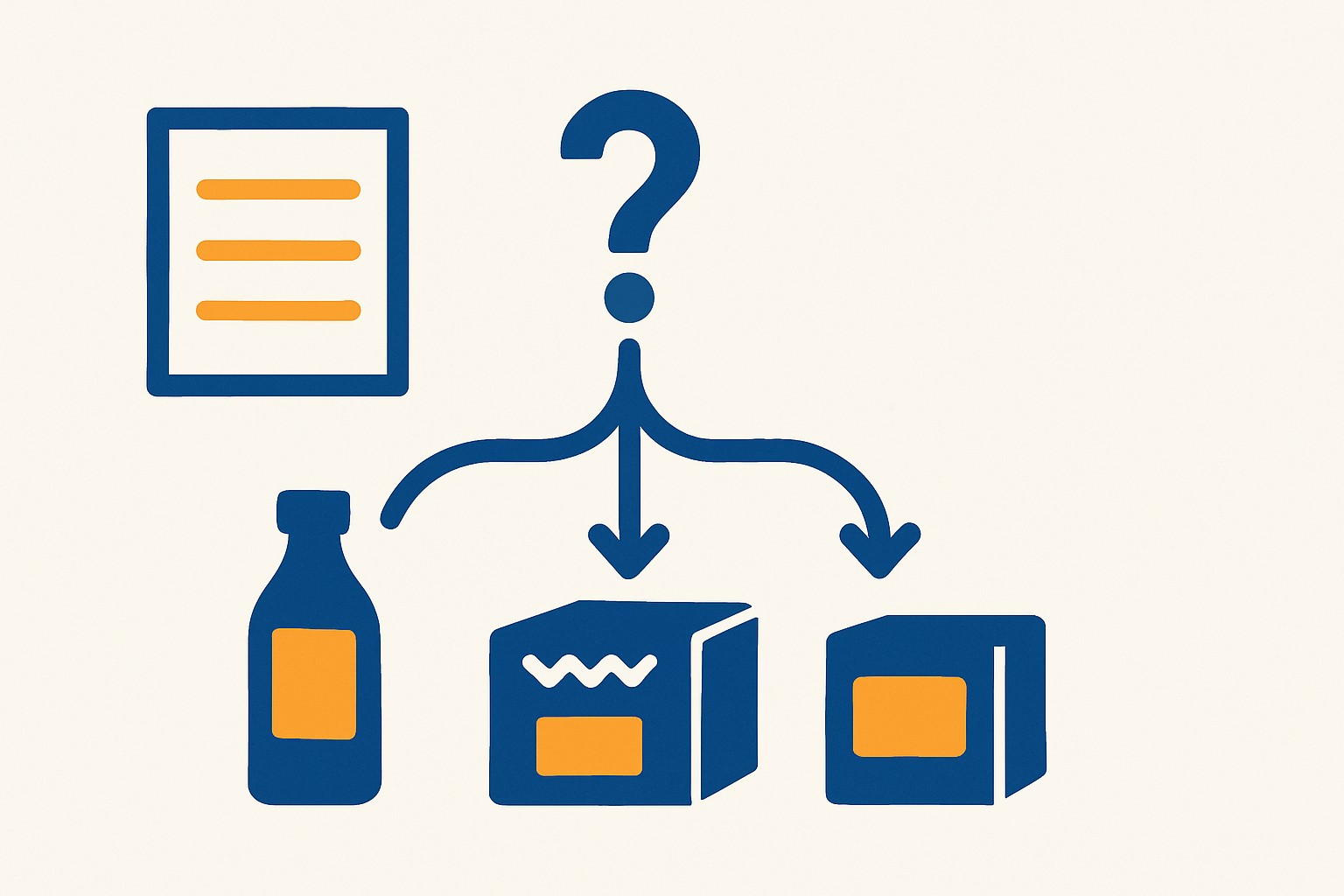 Flat illustration of a single price list row with a question mark branching into three different container shapes — a bottle, a case, and a single item — representing how one supplier abbreviation can mean three different pack sizes