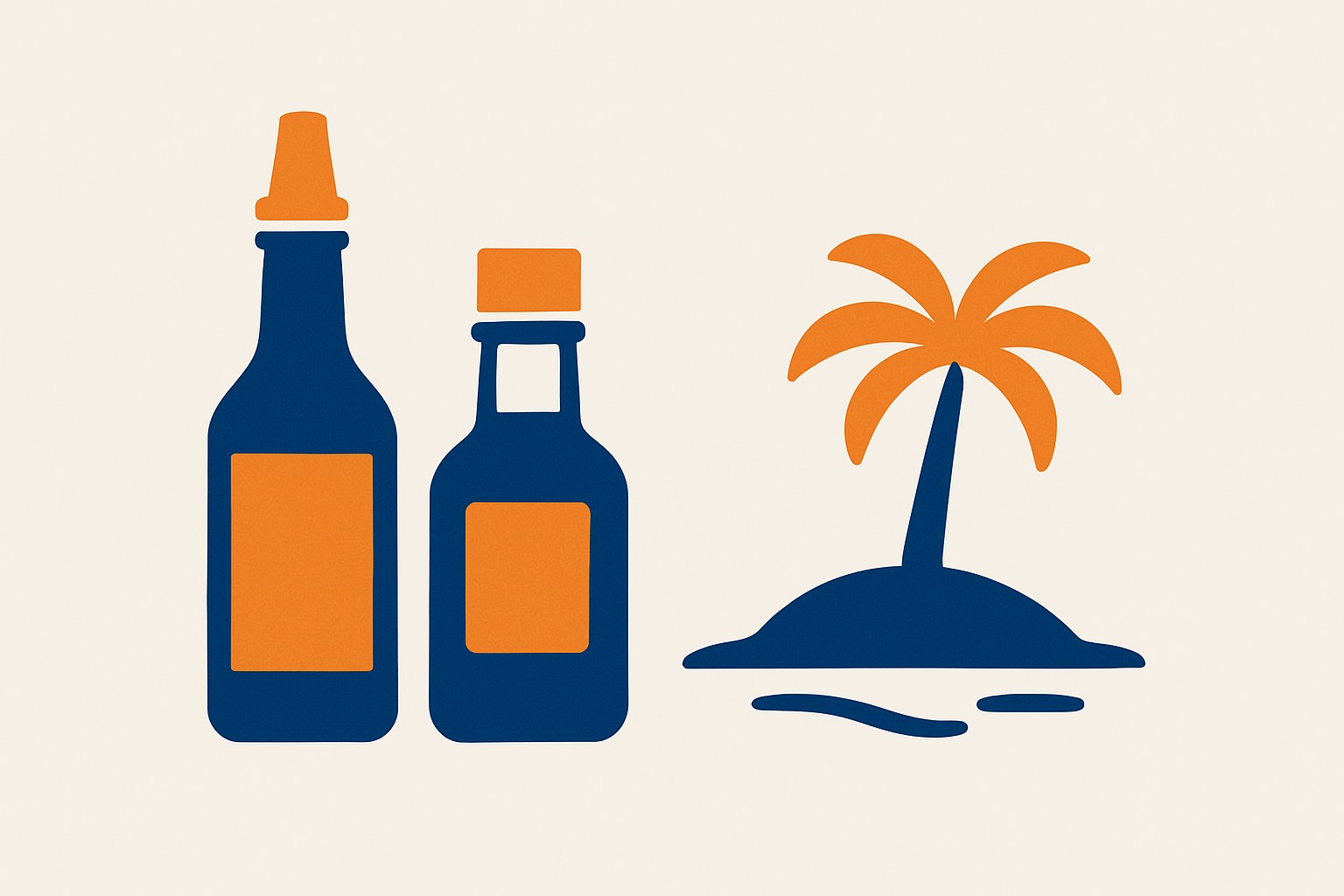 Illustration of two small bottles — a hot sauce bottle and a bitters bottle — beside a stylized island outline