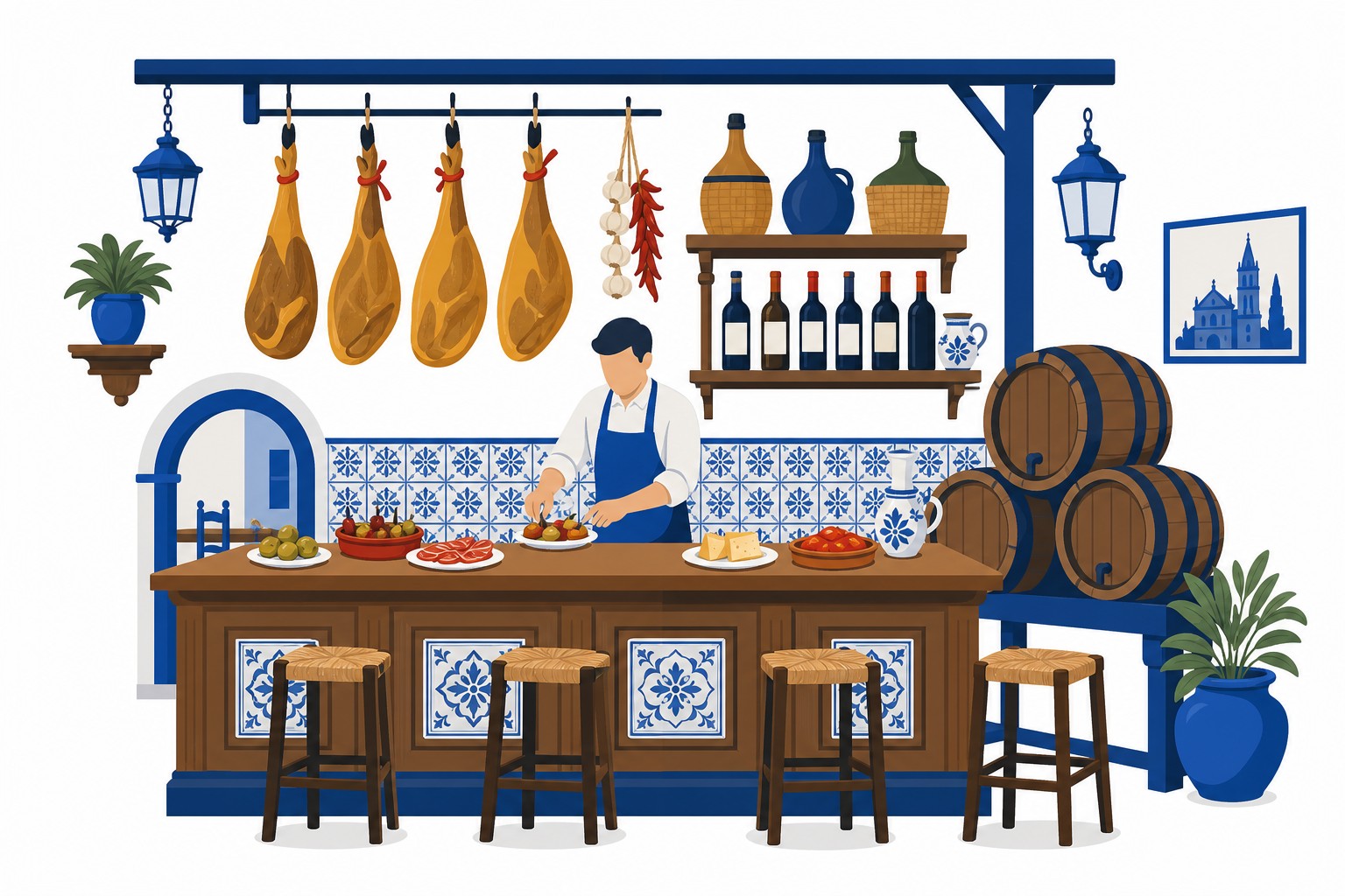 Inneres einer traditionellen spanischen Taverne mit hängenden Pökenschinken, Weinfässern und einem Barkeeper, der kleine Teller anrichtet