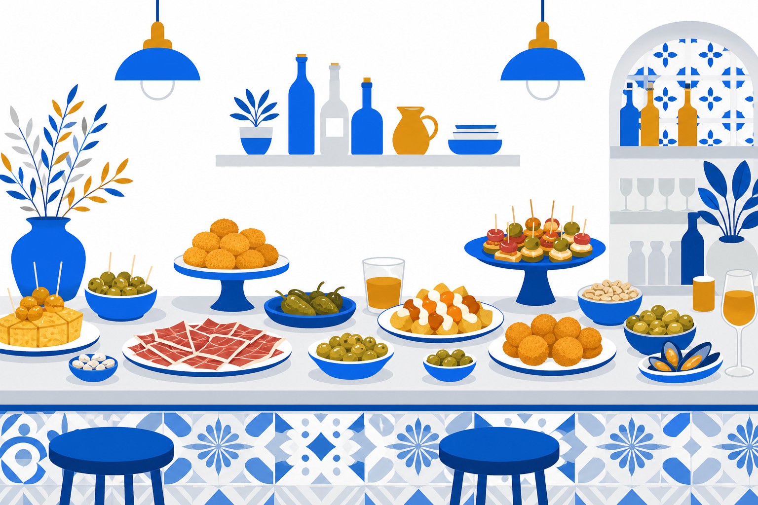 Eine belebte moderne spanische Tapas-Bar mit kleinen Tellern voller Oliven, Kroketten und Jamón