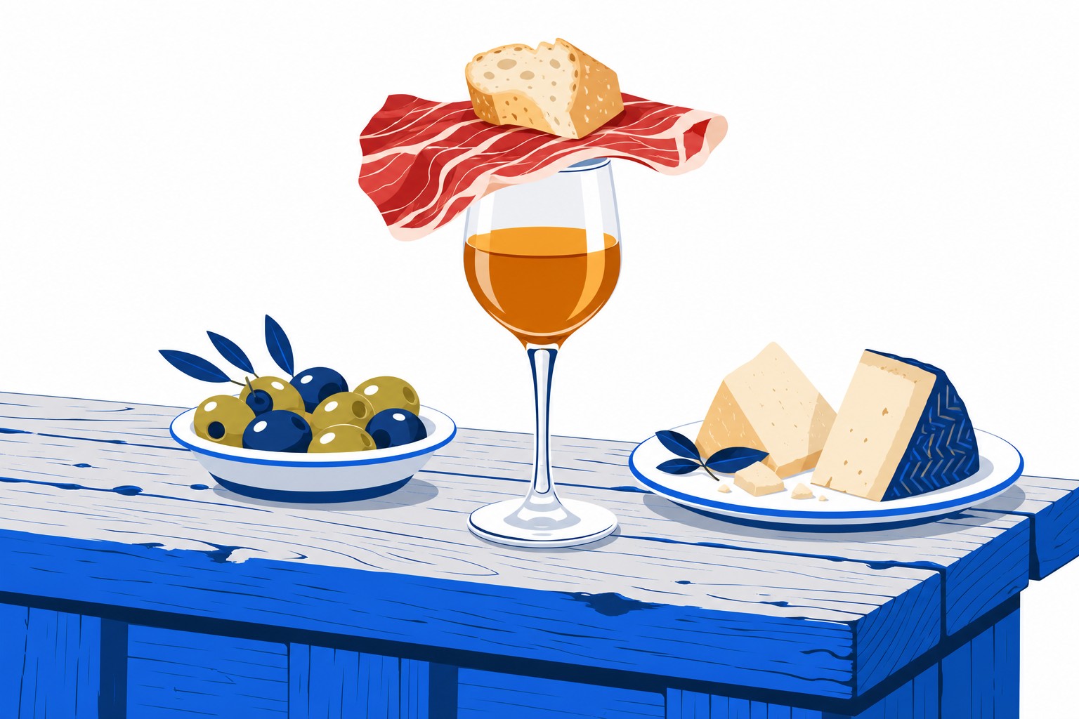 Illustration eines Sherryglases, das mit einer Scheibe Schinken abgedeckt ist, neben kleinen Tapas-Tellern