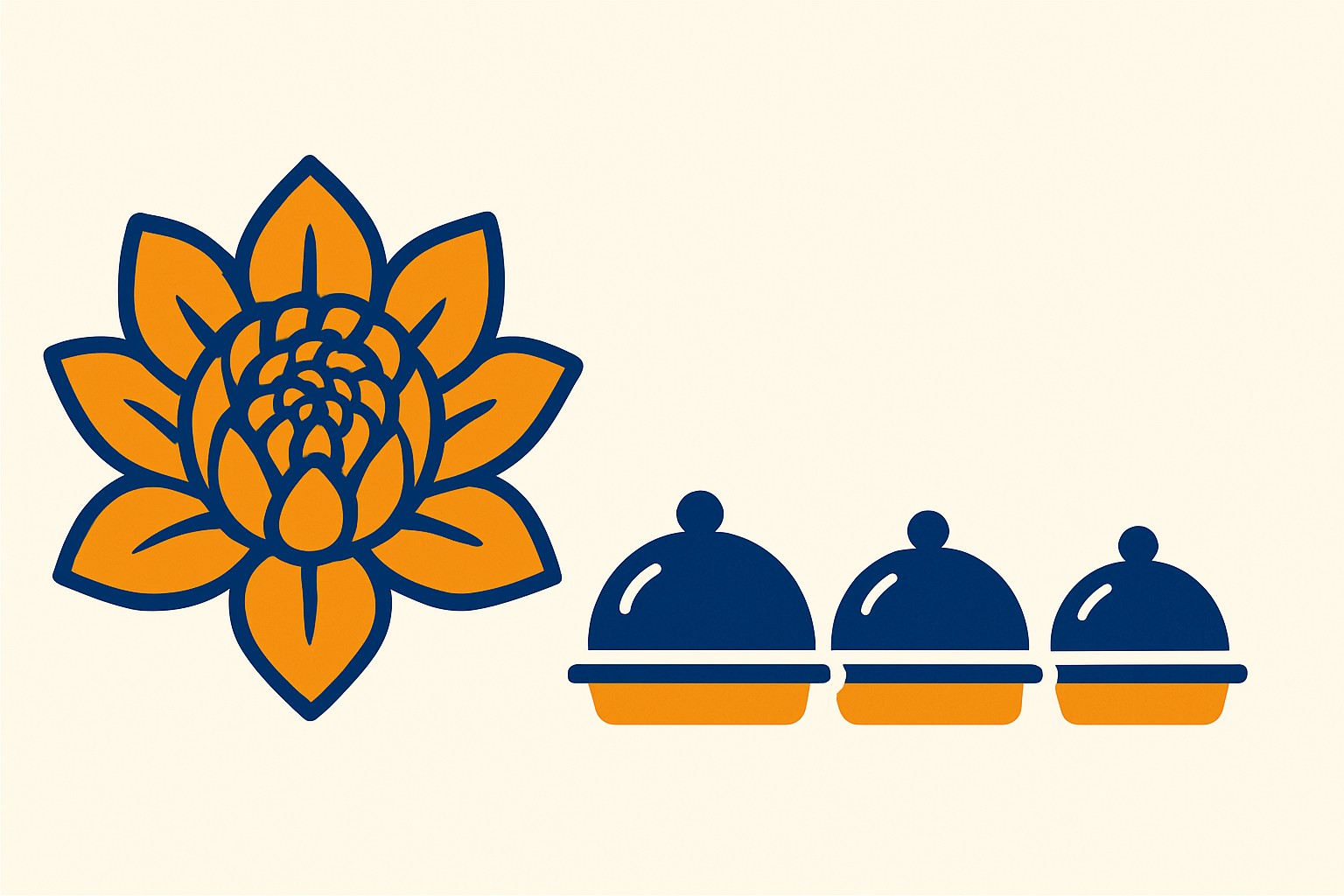 Illustration of a carved fruit flower beside a row of small covered serving dishes