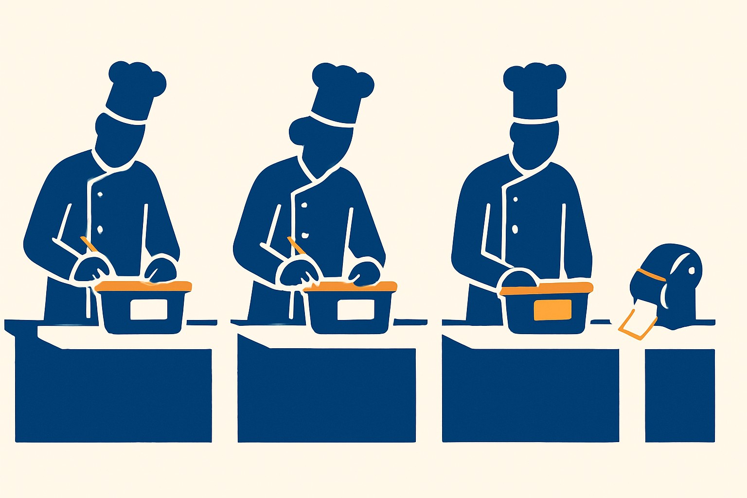Drei Köche in einer professionellen Küche schreiben jeweils ein unterschiedliches Datum auf ein handgeschriebenes Mise-en-place-Etikett, daneben ein einheitlich gedrucktes Etikett
