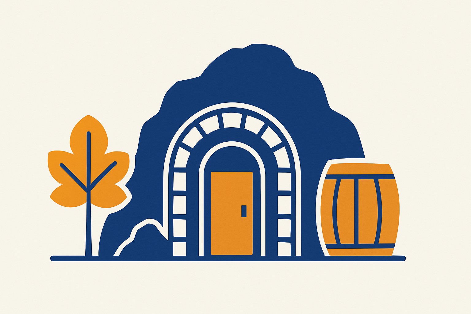 Illustration of a stone cellar door built into a rocky hillside, beside a chestnut tree and a wine barrel