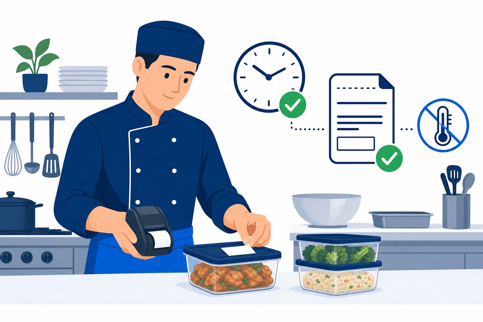 A chef applying a printed time label to a prepped food container, next to icons for a clock and a crossed-out thermometer
