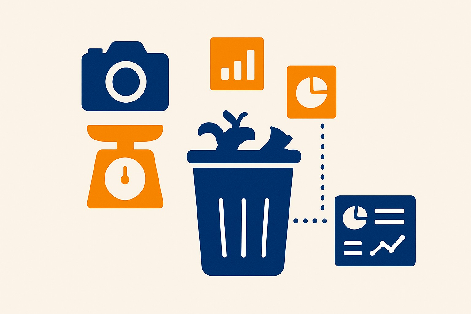 Illustration of an AI camera and scale system mounted above a kitchen waste bin, with data overlays showing per-dish waste costs and categories, connected to a food management dashboard