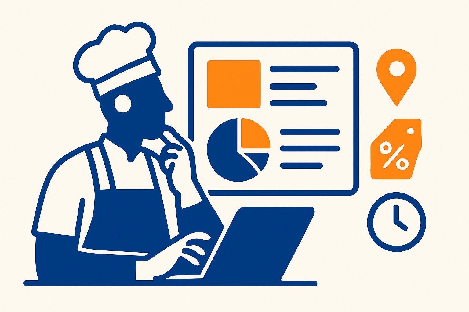 Illustration of a UK food operator reviewing compliance rules on a digital dashboard, with icons representing placement restrictions, promotional limits and advertising deadlines