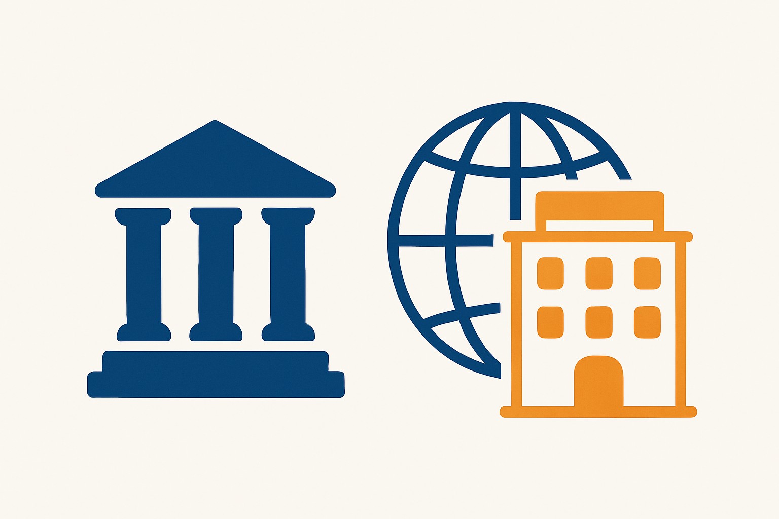 US courthouse columns beside a globe, symbolizing home-country legal exposure for global hotel operations
