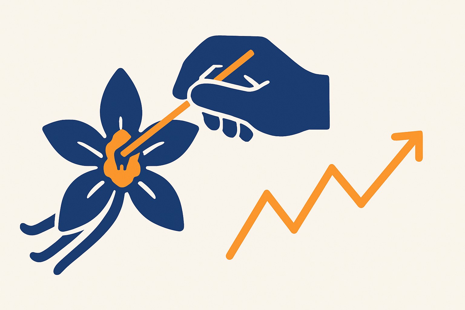Illustration of a vanilla orchid flower being hand-pollinated with a thin stick, next to a rising and falling price chart