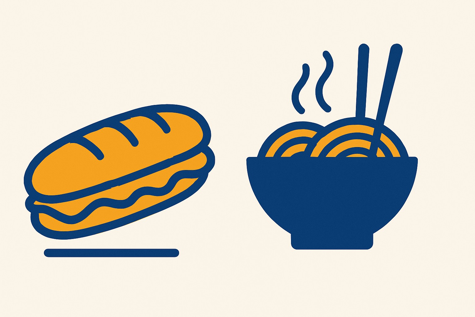 Illustration of a baguette sandwich and a steaming bowl of noodle soup side by side