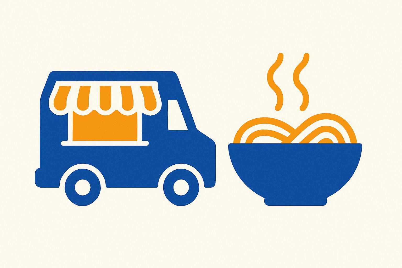 Illustration of a food truck window beside a steaming bowl of pho, symbolising Vietnamese refugee food culture in America