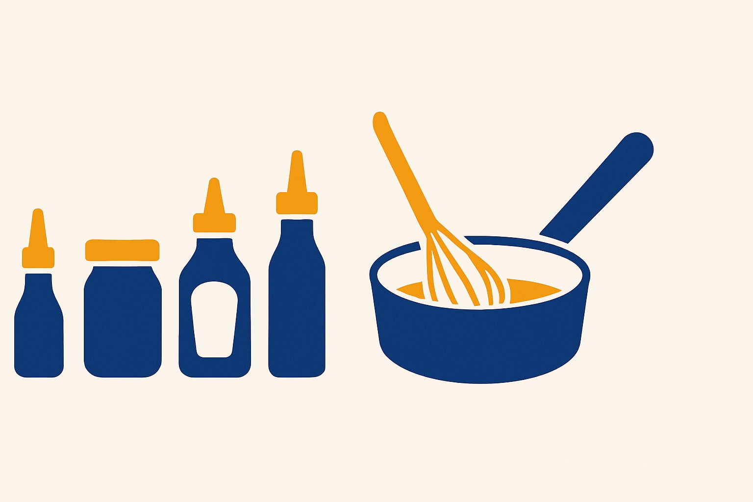 Illustration of five small sauce bottles or jars lined up beside a chef's roux pan