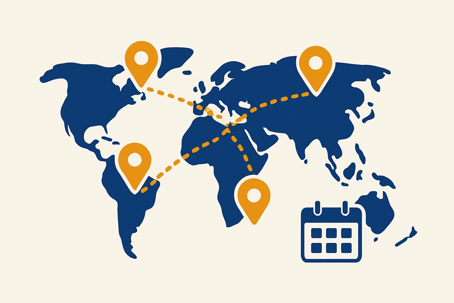 World map with four markers connected by a supply chain, representing large-scale food events planned around a fixed date