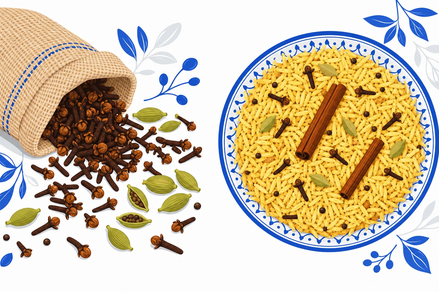 Ilustración de vainas de clavo junto a un plato de arroz especiado pilau, símbolo de la historia gastronómica del comercio de especias en Zanzíbar