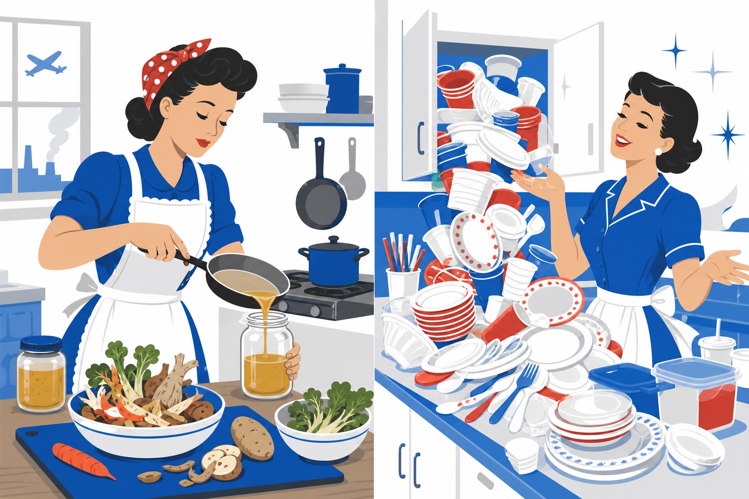 Illustration contrasting a wartime kitchen using every scrap with a 1950s kitchen full of disposable products