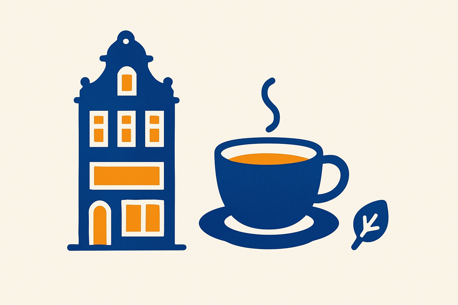 Illustration of a Zurich guild-house facade next to a vintage coffee cup and a leaf, symbolising temperance cafés and vegetarian reform
